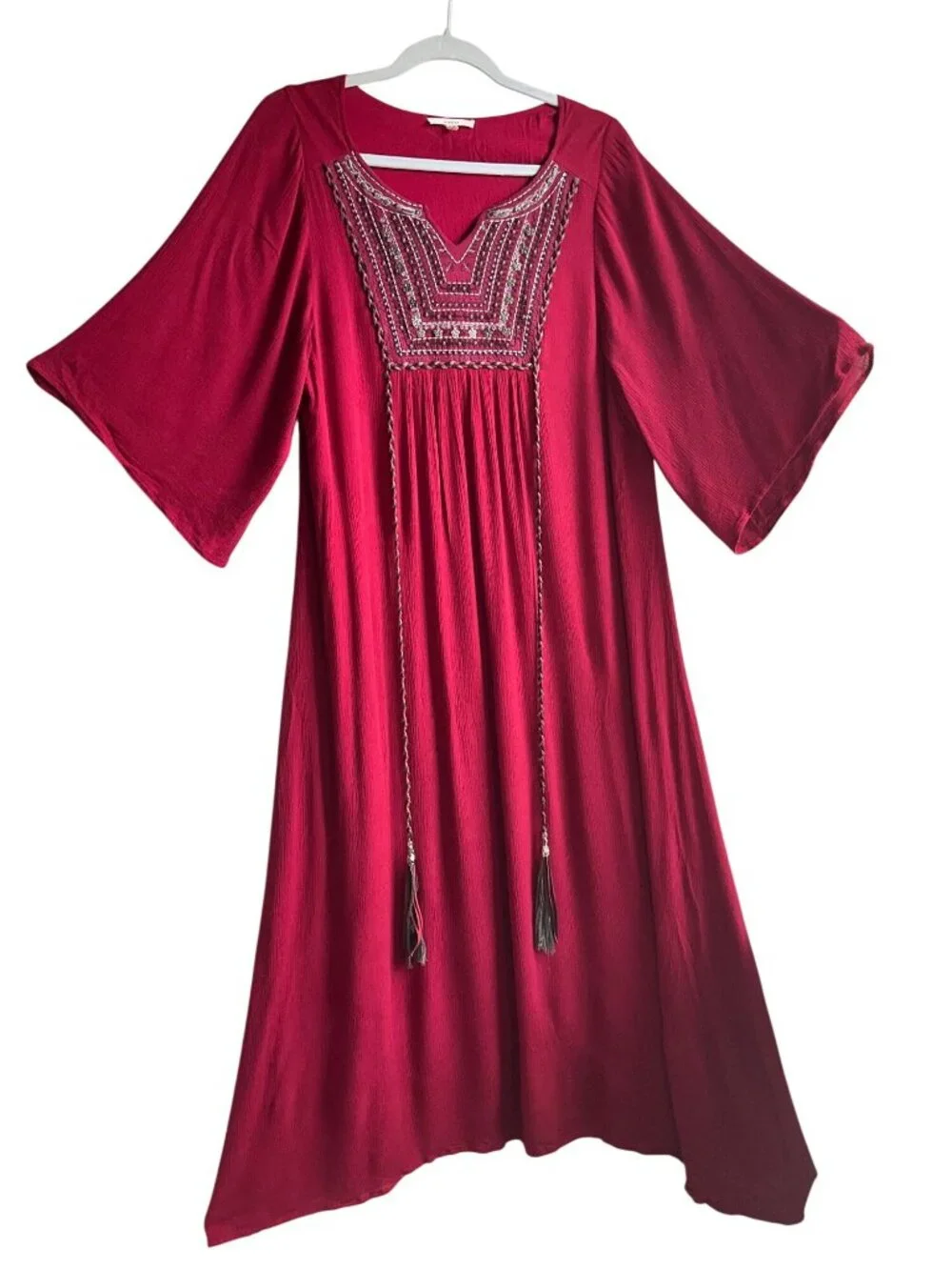 Easel Med Dark Red Boho Tunic Dress Embroidered Flowy Bell Sleeves - Picture 2 of 15